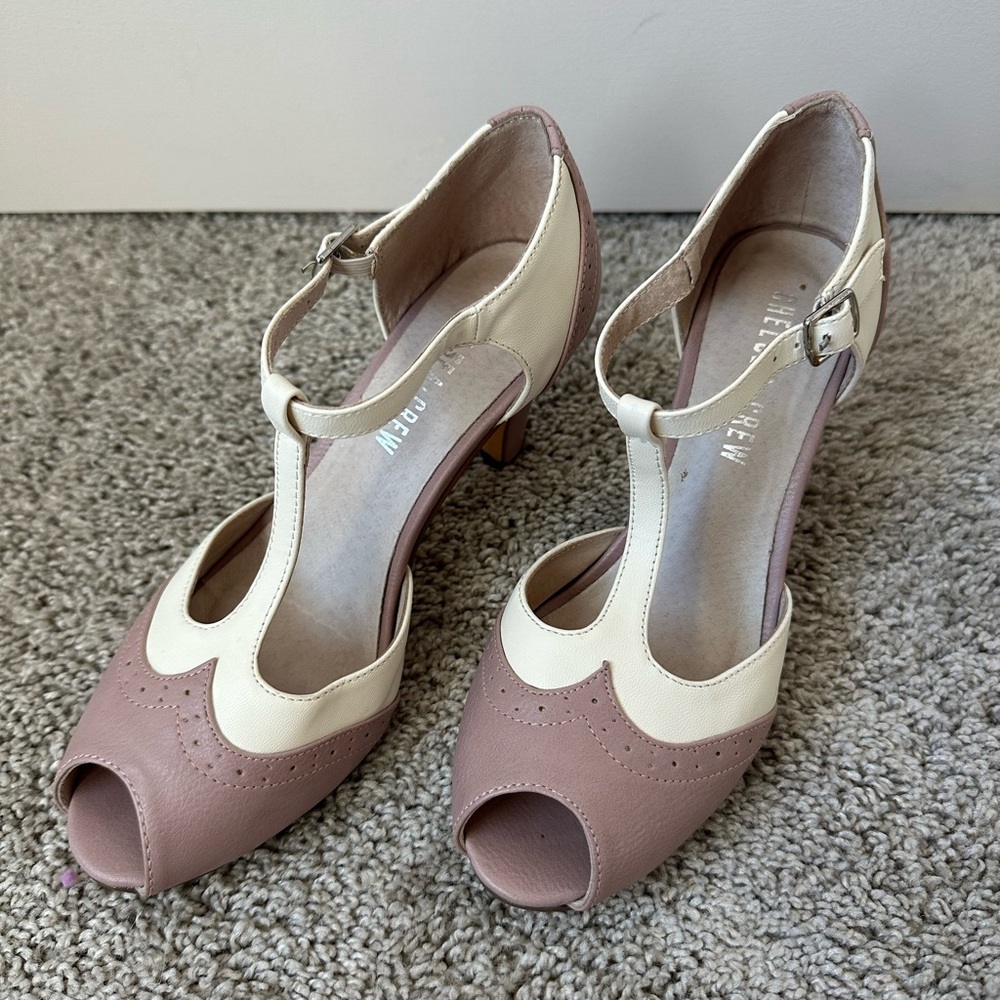 Chelsea Crew Cream and Tan Peep Toe Heels